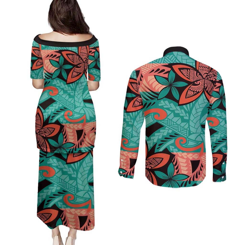 Plumeria Polynesian Pattern Couples Matching Puletasi and Long Sleeve Button Shirt Unique Fantasy Teal Orange