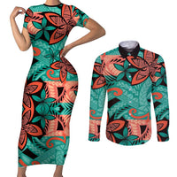 Plumeria Polynesian Pattern Couples Matching Short Sleeve Bodycon Dress and Long Sleeve Button Shirt Unique Fantasy Teal Orange