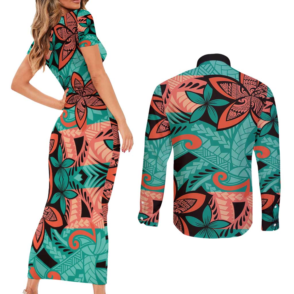 Plumeria Polynesian Pattern Couples Matching Short Sleeve Bodycon Dress and Long Sleeve Button Shirt Unique Fantasy Teal Orange