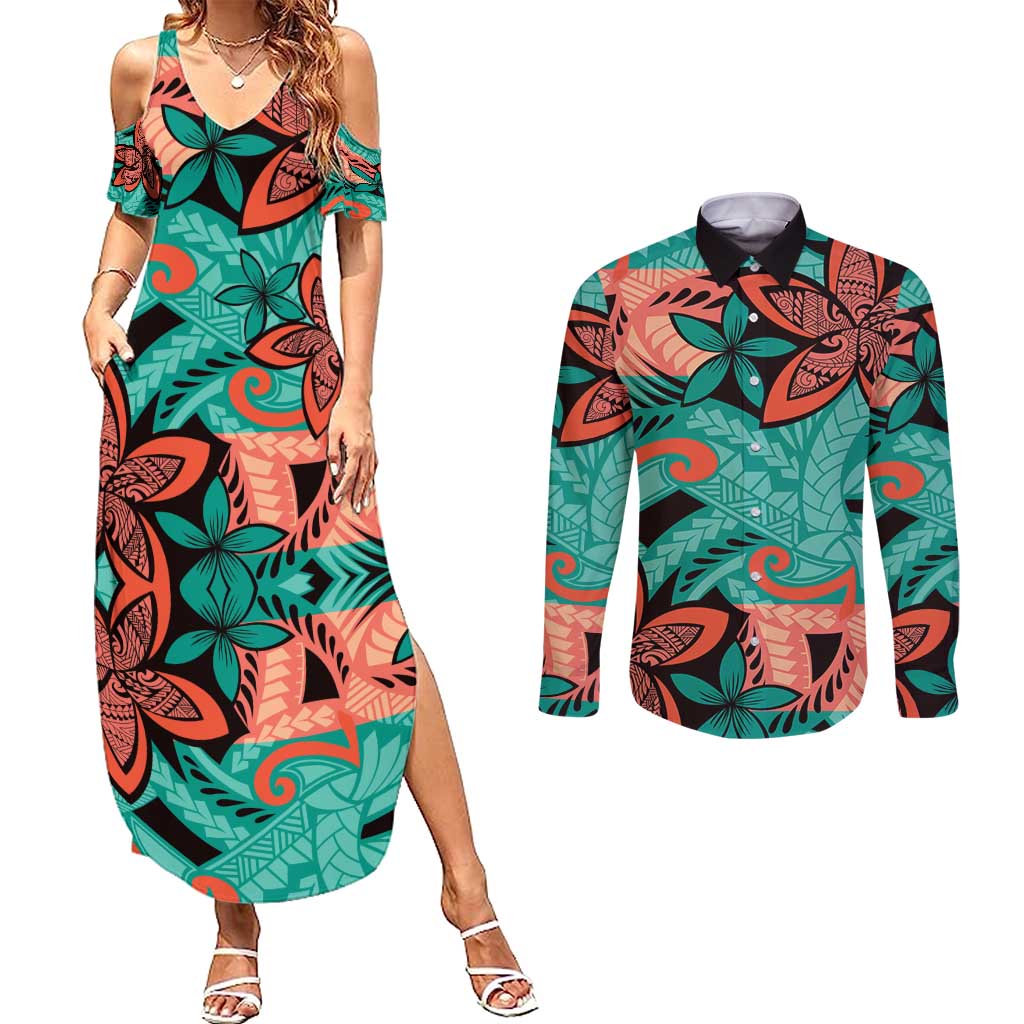 Plumeria Polynesian Pattern Couples Matching Summer Maxi Dress and Long Sleeve Button Shirt Unique Fantasy Teal Orange