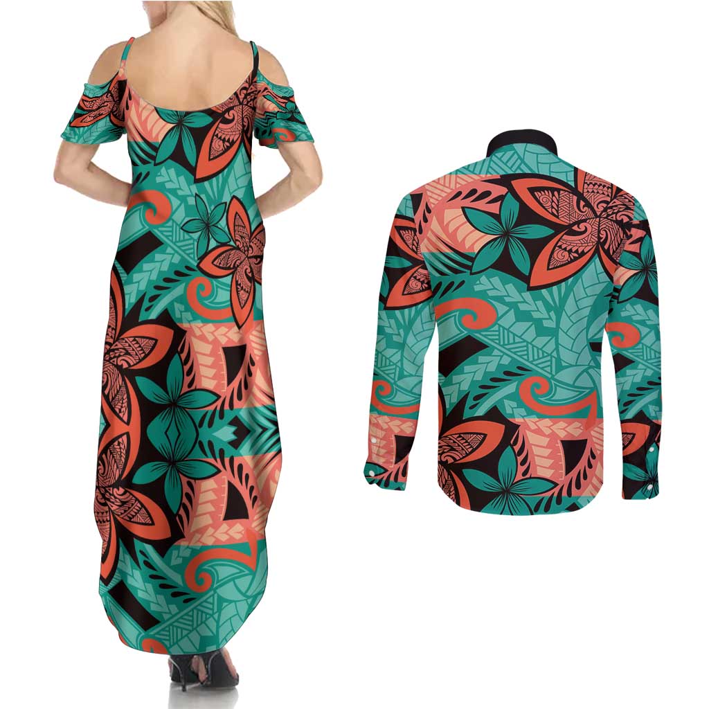 Plumeria Polynesian Pattern Couples Matching Summer Maxi Dress and Long Sleeve Button Shirt Unique Fantasy Teal Orange