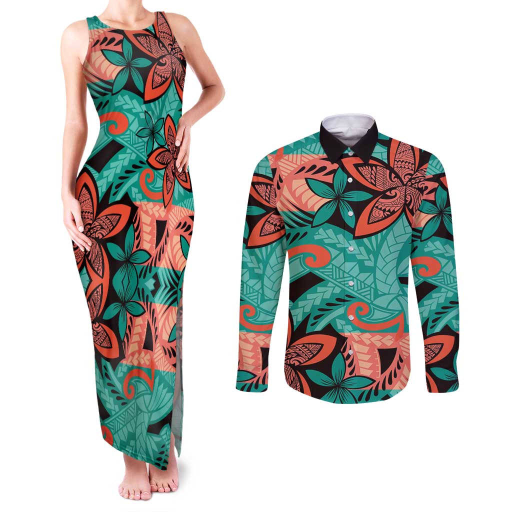 Plumeria Polynesian Pattern Couples Matching Tank Maxi Dress and Long Sleeve Button Shirt Unique Fantasy Teal Orange