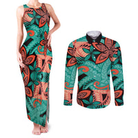 Plumeria Polynesian Pattern Couples Matching Tank Maxi Dress and Long Sleeve Button Shirt Unique Fantasy Teal Orange