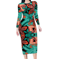 Plumeria Polynesian Pattern Family Matching Long Sleeve Bodycon Dress and Hawaiian Shirt Unique Fantasy Teal Orange LT01 Mom's Dress Teal - Polynesian Pride