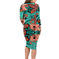 Plumeria Polynesian Pattern Family Matching Long Sleeve Bodycon Dress and Hawaiian Shirt Unique Fantasy Teal Orange LT01 - Polynesian Pride