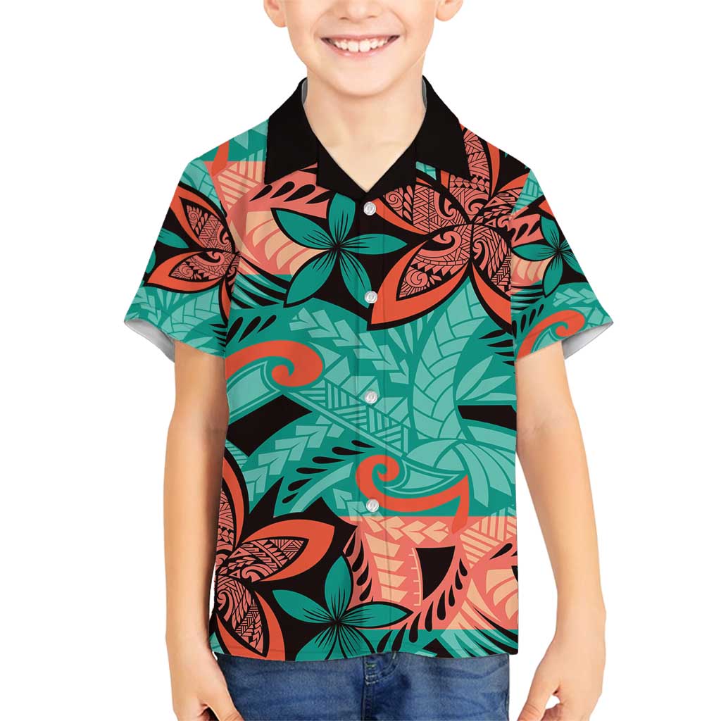 Plumeria Polynesian Pattern Family Matching Long Sleeve Bodycon Dress and Hawaiian Shirt Unique Fantasy Teal Orange LT01 Son's Shirt Teal - Polynesian Pride