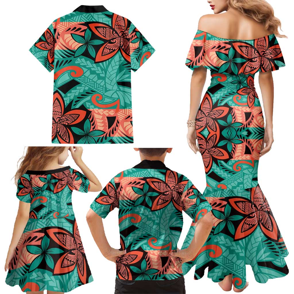 Plumeria Polynesian Pattern Family Matching Mermaid Dress and Hawaiian Shirt Unique Fantasy Teal Orange LT01 - Polynesian Pride