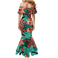 Plumeria Polynesian Pattern Family Matching Mermaid Dress and Hawaiian Shirt Unique Fantasy Teal Orange LT01 - Polynesian Pride