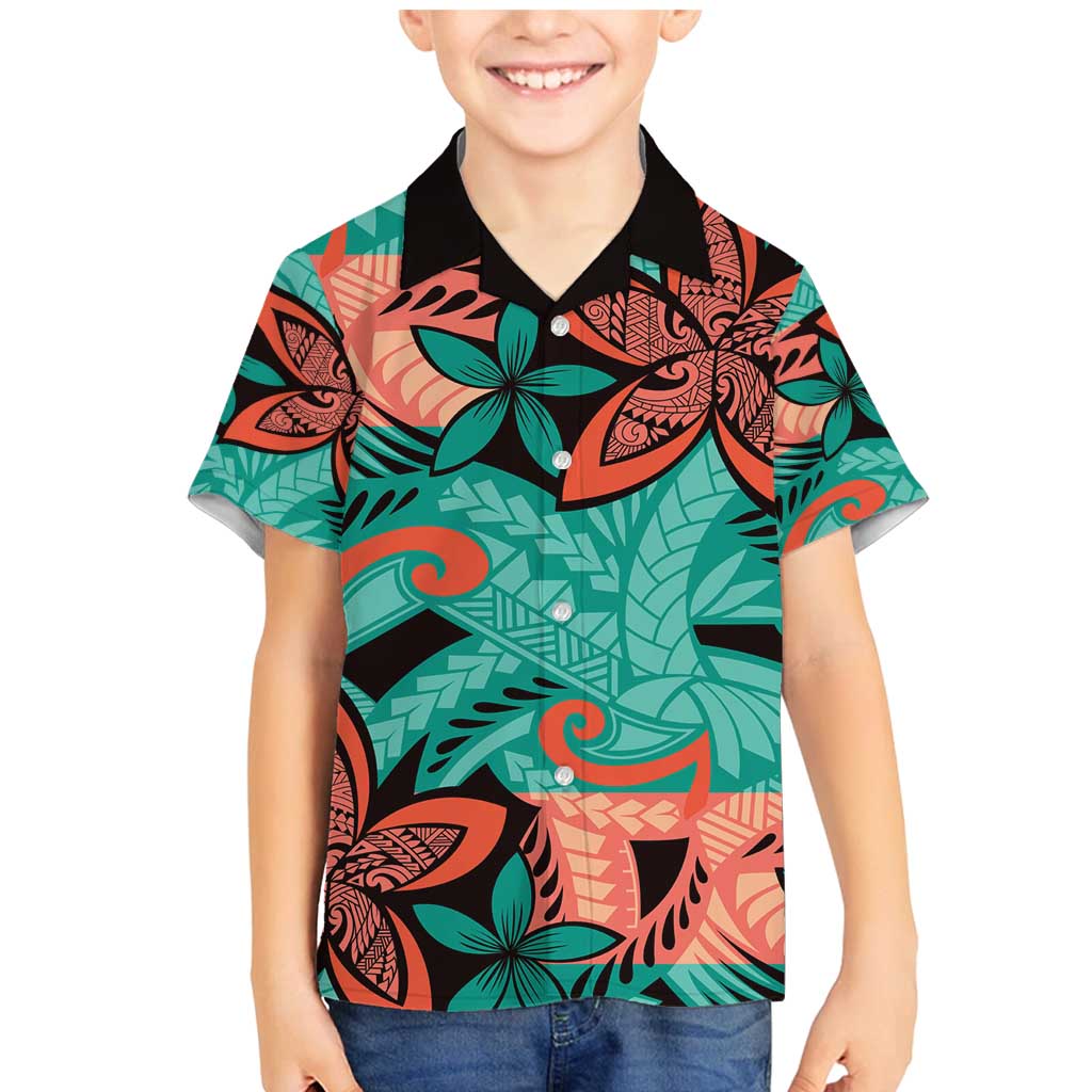 Plumeria Polynesian Pattern Family Matching Mermaid Dress and Hawaiian Shirt Unique Fantasy Teal Orange LT01 Son's Shirt Teal - Polynesian Pride