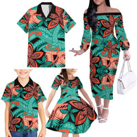 Plumeria Polynesian Pattern Family Matching Off The Shoulder Long Sleeve Dress and Hawaiian Shirt Unique Fantasy Teal Orange LT01 - Polynesian Pride