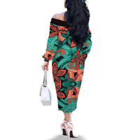 Plumeria Polynesian Pattern Family Matching Off The Shoulder Long Sleeve Dress and Hawaiian Shirt Unique Fantasy Teal Orange LT01 - Polynesian Pride