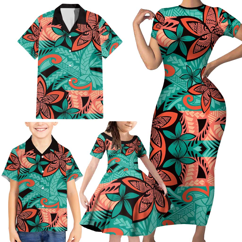 Plumeria Polynesian Pattern Family Matching Short Sleeve Bodycon Dress and Hawaiian Shirt Unique Fantasy Teal Orange LT01 - Polynesian Pride