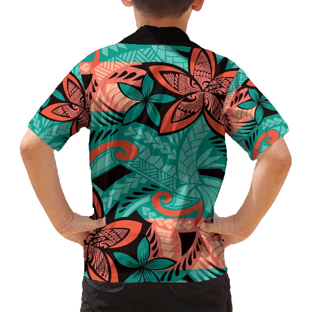 Plumeria Polynesian Pattern Family Matching Tank Maxi Dress and Hawaiian Shirt Unique Fantasy Teal Orange