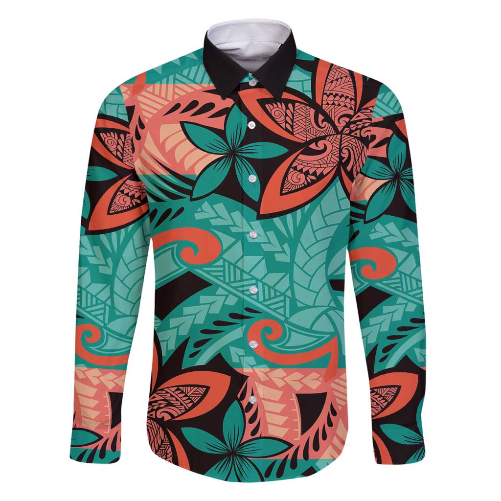Plumeria Polynesian Pattern Family Matching Tank Maxi Dress and Hawaiian Shirt Unique Fantasy Teal Orange