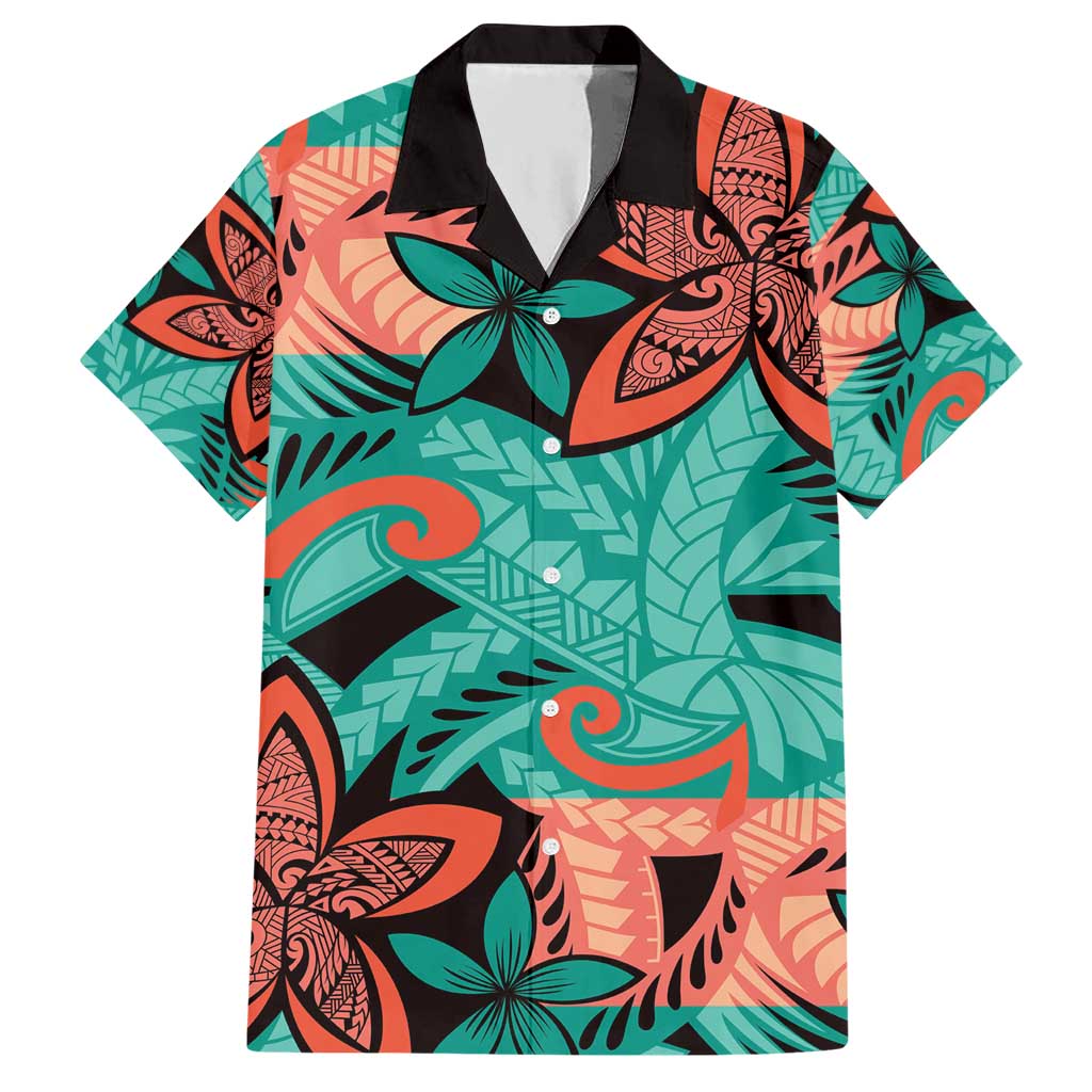 Plumeria Polynesian Pattern Hawaiian Shirt Unique Fantasy Teal Orange