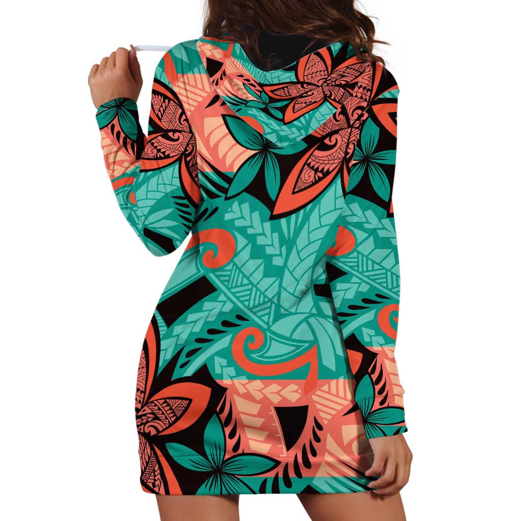 Plumeria Polynesian Pattern Hoodie Dress Unique Fantasy Teal Orange