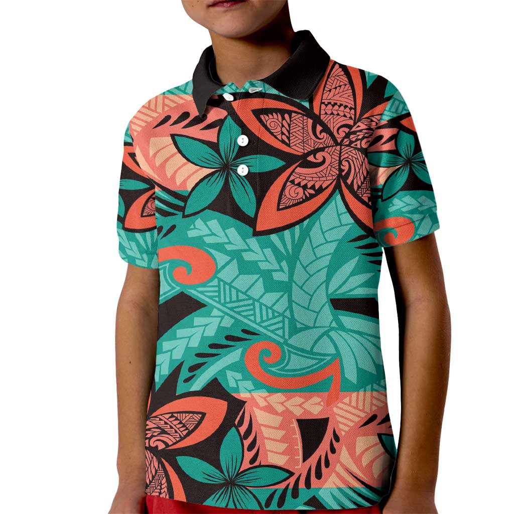 Plumeria Polynesian Pattern Kid Polo Shirt Unique Fantasy Teal Orange