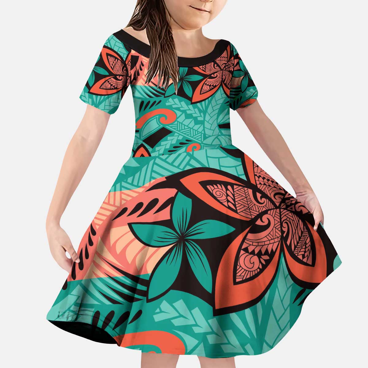 Plumeria Polynesian Pattern Kid Short Sleeve Dress Unique Fantasy Teal Orange