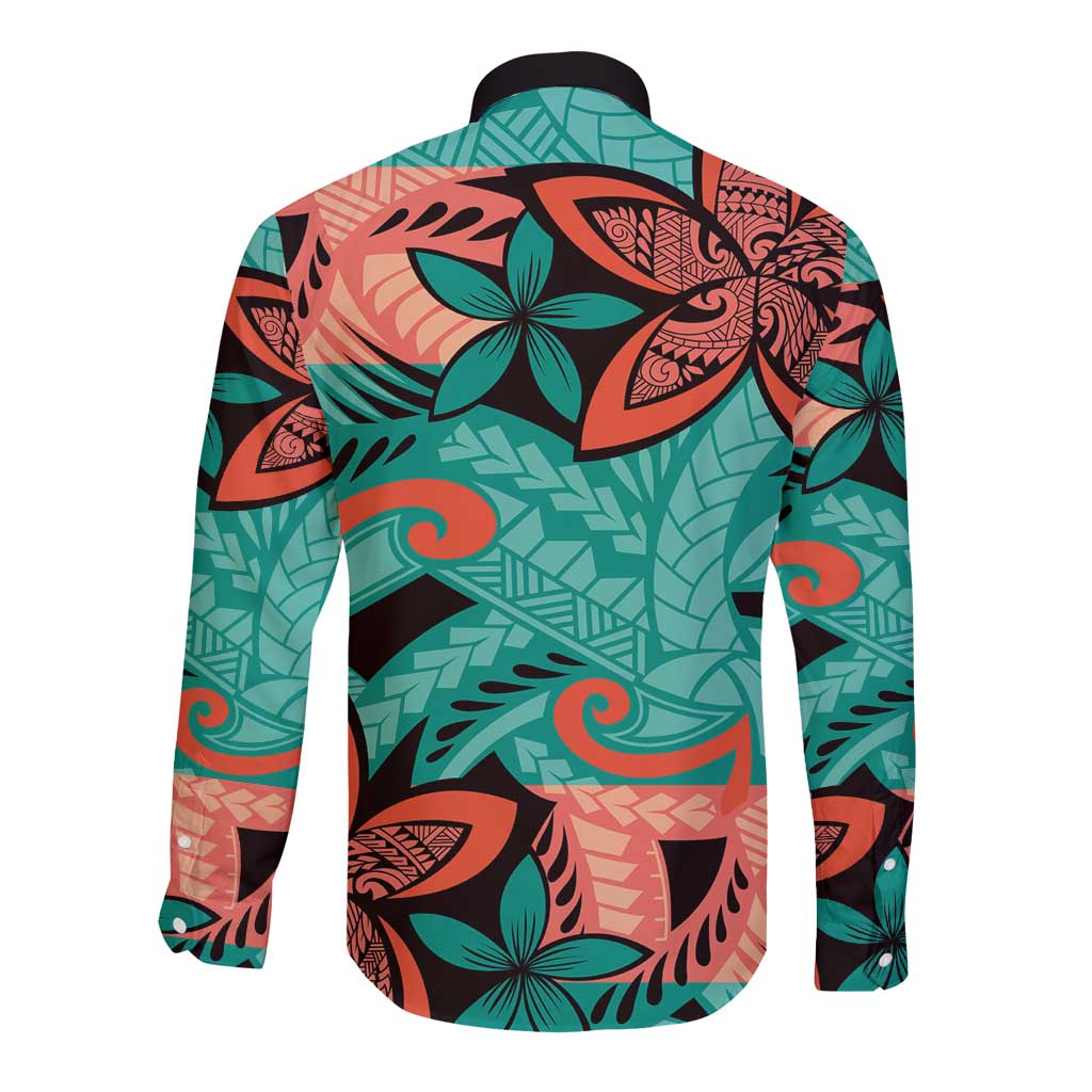 Plumeria Polynesian Pattern Long Sleeve Button Shirt Unique Fantasy Teal Orange