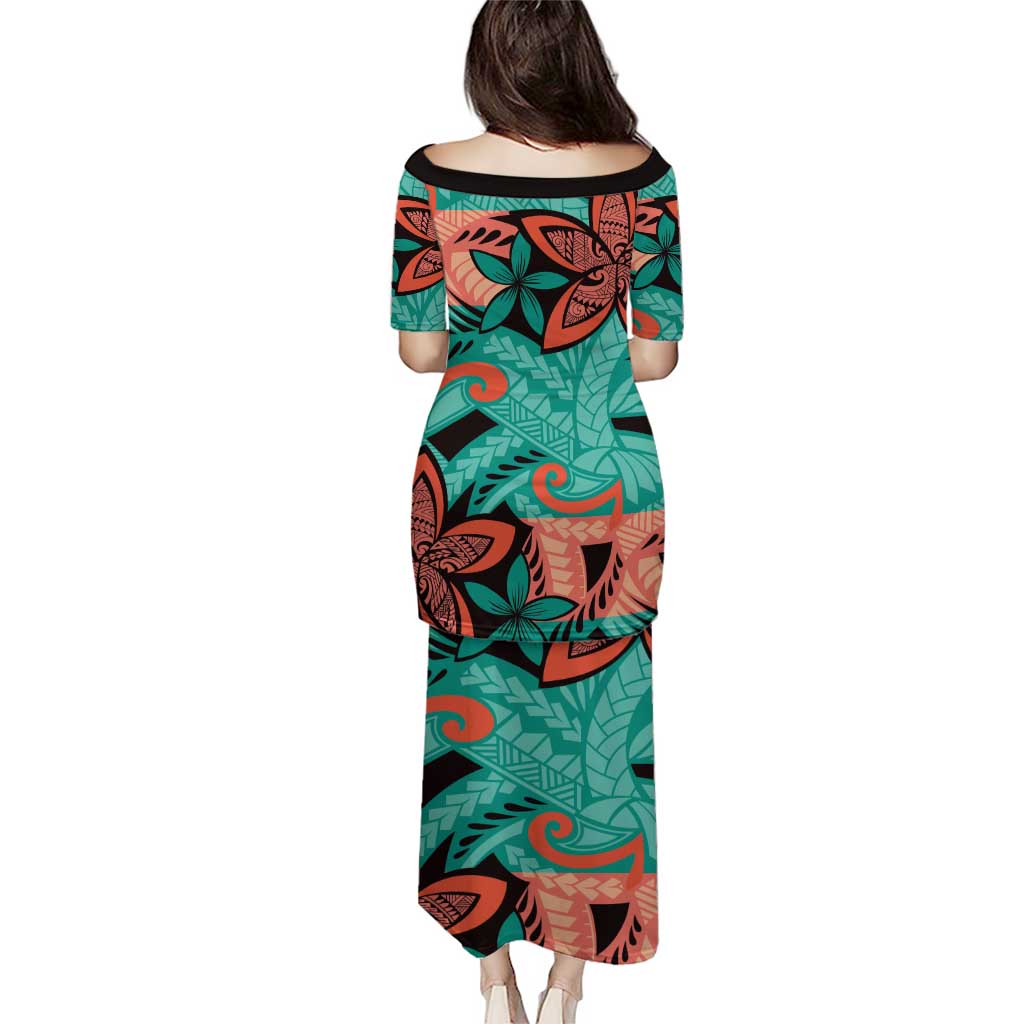 Plumeria Polynesian Pattern Puletasi Unique Fantasy Teal Orange