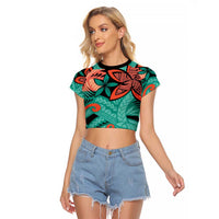 Plumeria Polynesian Pattern Raglan Cropped T Shirt Unique Fantasy Teal Orange