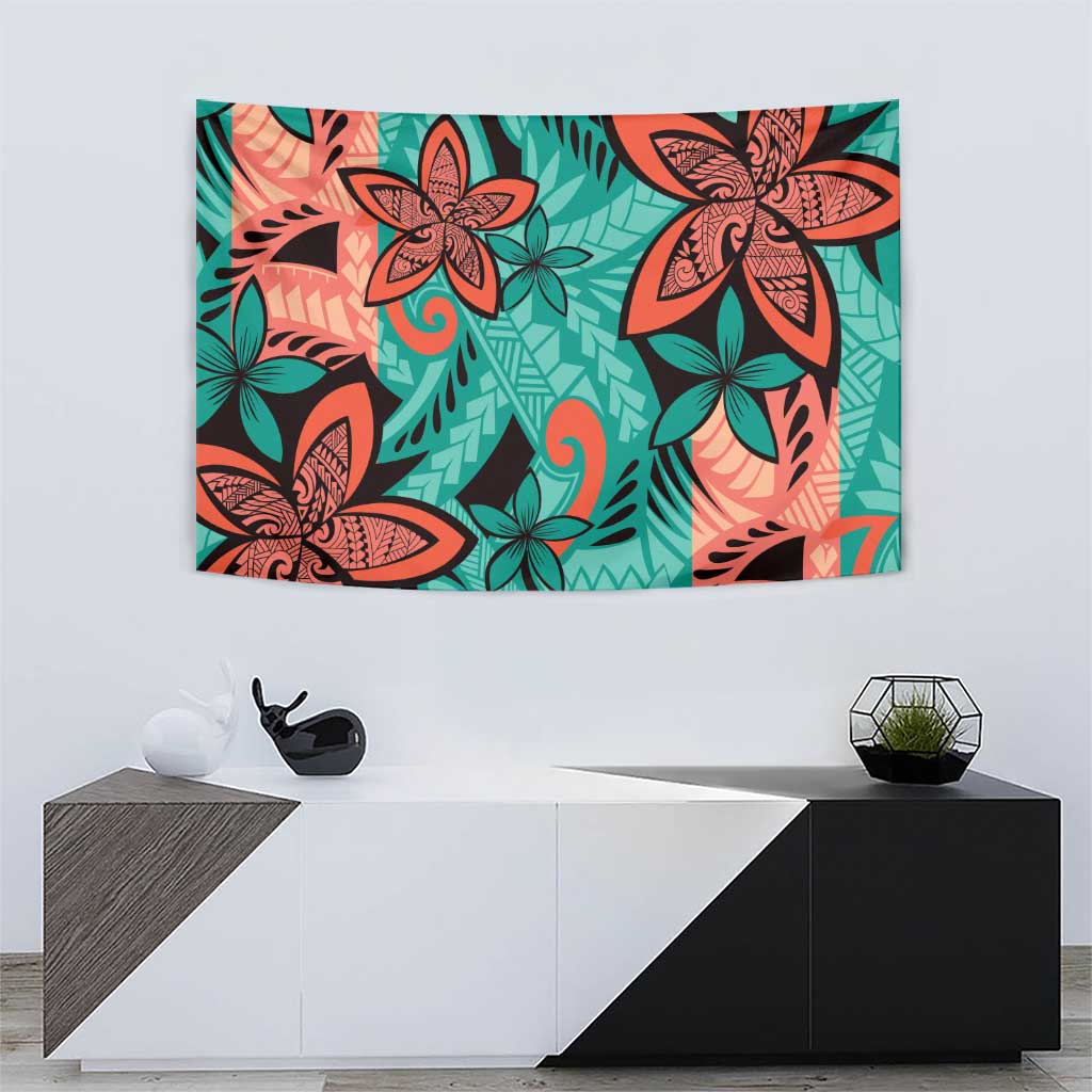 Plumeria Polynesian Pattern Tapestry Unique Fantasy Teal Orange