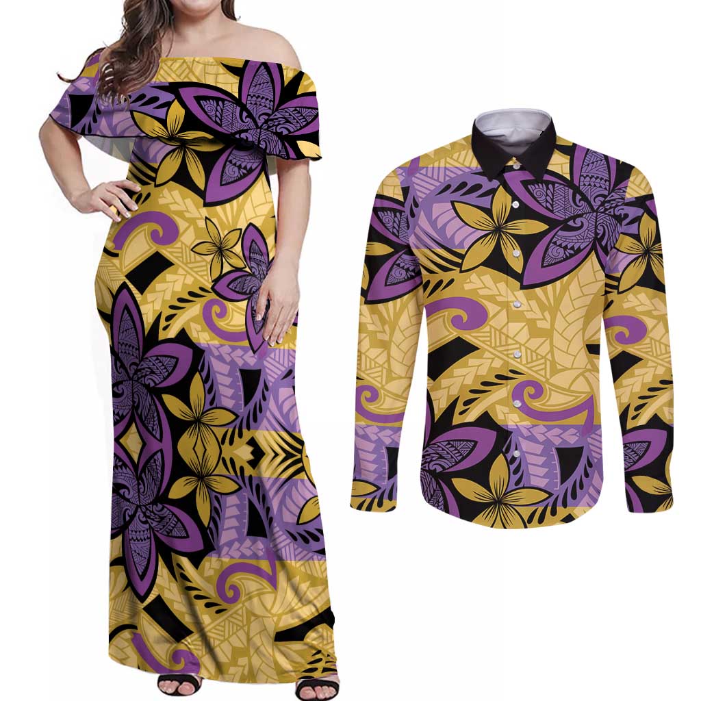 Plumeria Polynesian Pattern Couples Matching Off Shoulder Maxi Dress and Long Sleeve Button Shirt Unique Fantasy Yellow Purple