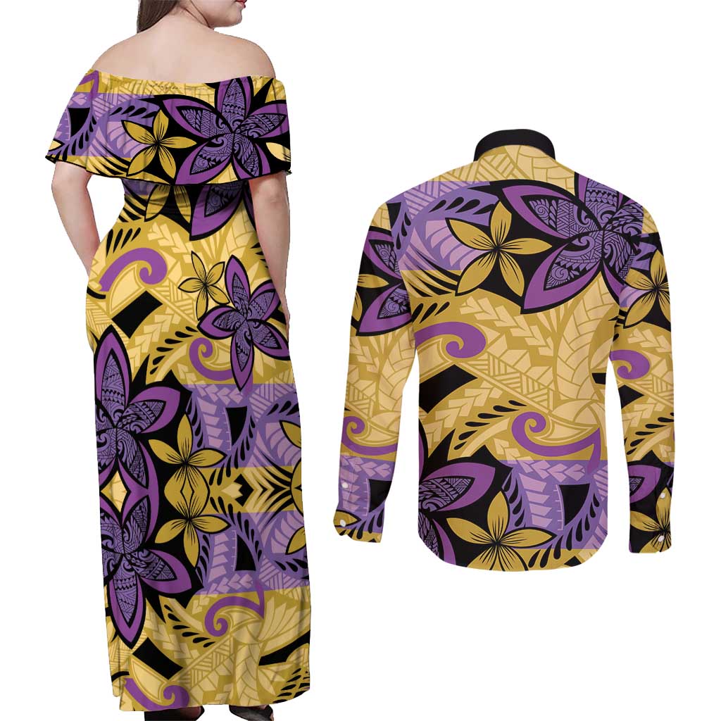 Plumeria Polynesian Pattern Couples Matching Off Shoulder Maxi Dress and Long Sleeve Button Shirt Unique Fantasy Yellow Purple