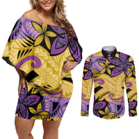 Plumeria Polynesian Pattern Couples Matching Off Shoulder Short Dress and Long Sleeve Button Shirt Unique Fantasy Yellow Purple