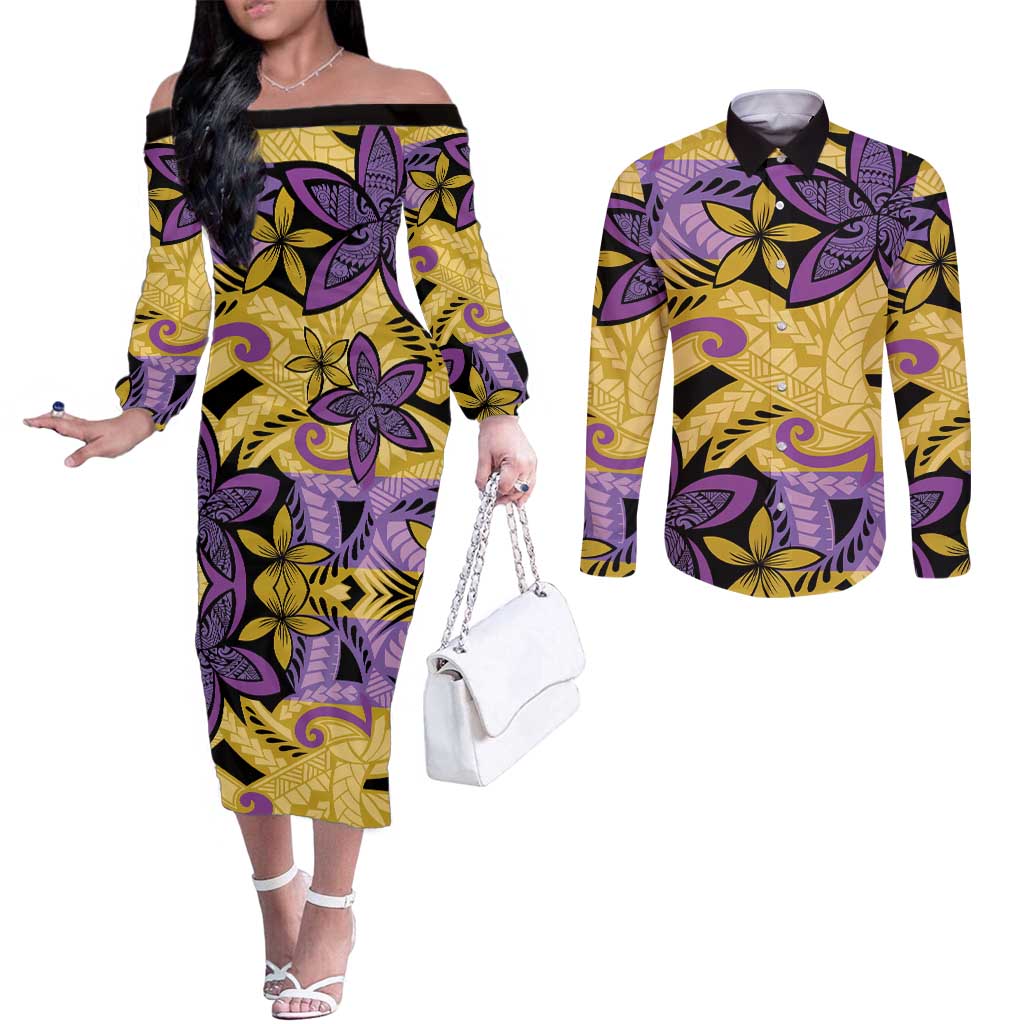 Plumeria Polynesian Pattern Couples Matching Off The Shoulder Long Sleeve Dress and Long Sleeve Button Shirt Unique Fantasy Yellow Purple