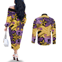 Plumeria Polynesian Pattern Couples Matching Off The Shoulder Long Sleeve Dress and Long Sleeve Button Shirt Unique Fantasy Yellow Purple