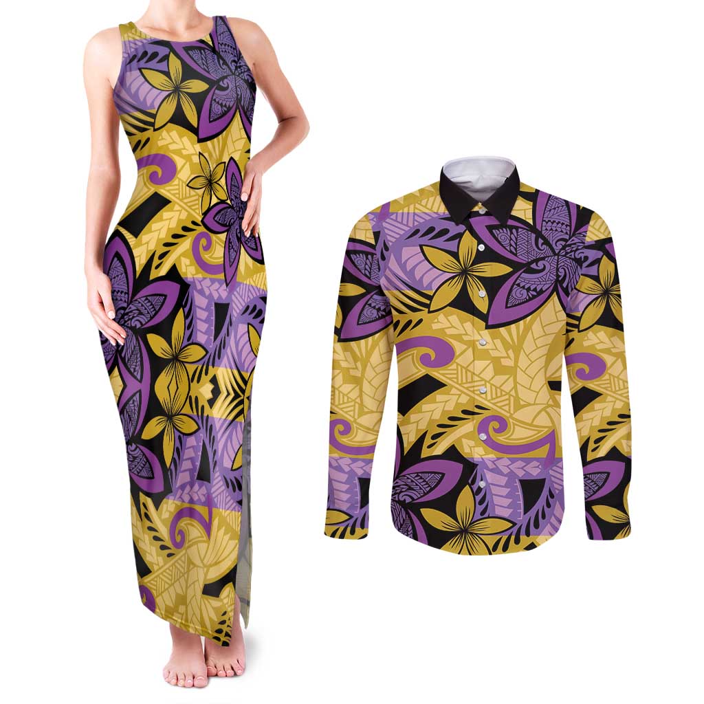 Plumeria Polynesian Pattern Couples Matching Tank Maxi Dress and Long Sleeve Button Shirt Unique Fantasy Yellow Purple