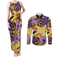 Plumeria Polynesian Pattern Couples Matching Tank Maxi Dress and Long Sleeve Button Shirt Unique Fantasy Yellow Purple