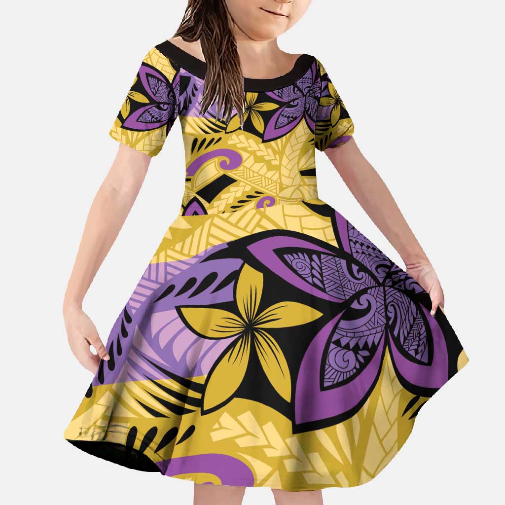 Plumeria Polynesian Pattern Family Matching Mermaid Dress and Hawaiian Shirt Unique Fantasy Yellow Purple LT01 Daughter's Dress Yellow - Polynesian Pride