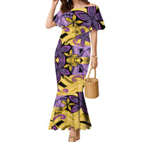 Plumeria Polynesian Pattern Family Matching Mermaid Dress and Hawaiian Shirt Unique Fantasy Yellow Purple LT01 Mom's Dress Yellow - Polynesian Pride