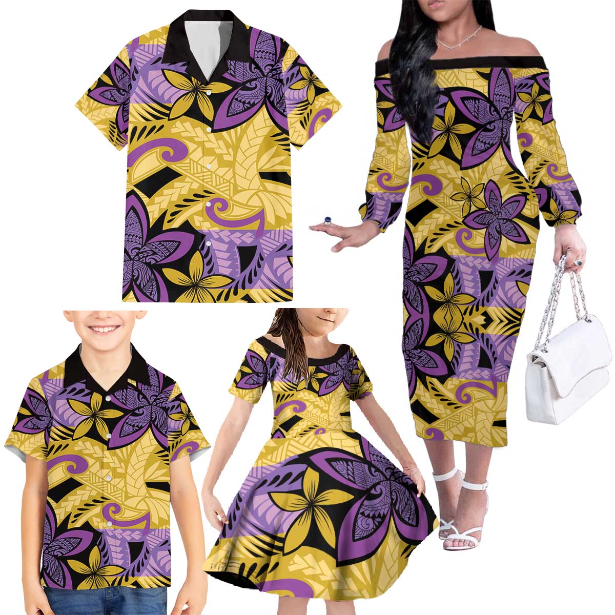 Plumeria Polynesian Pattern Family Matching Off The Shoulder Long Sleeve Dress and Hawaiian Shirt Unique Fantasy Yellow Purple LT01 - Polynesian Pride