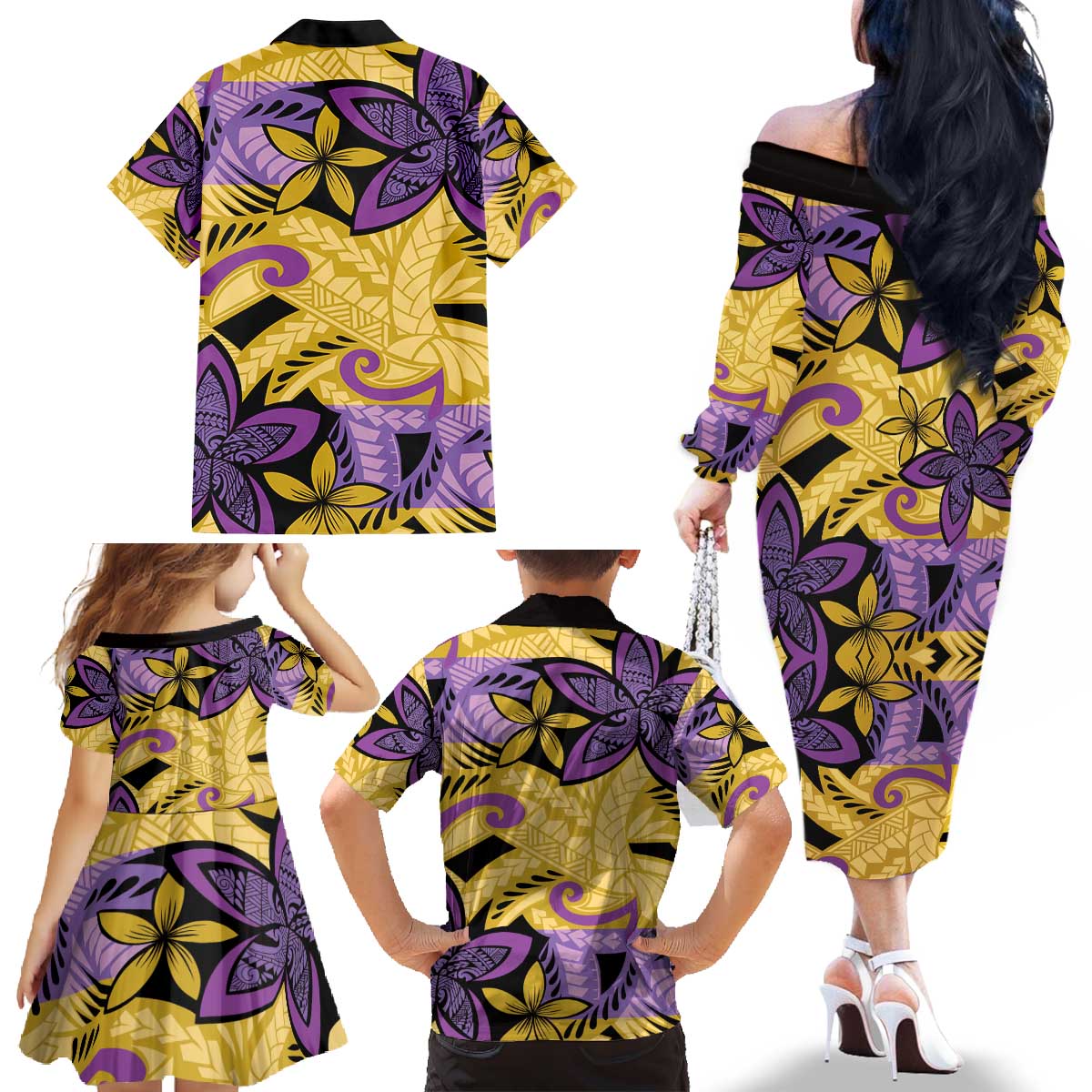 Plumeria Polynesian Pattern Family Matching Off The Shoulder Long Sleeve Dress and Hawaiian Shirt Unique Fantasy Yellow Purple LT01 - Polynesian Pride