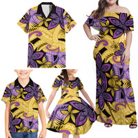 Plumeria Polynesian Pattern Family Matching Off Shoulder Maxi Dress and Hawaiian Shirt Unique Fantasy Yellow Purple LT01 - Polynesian Pride