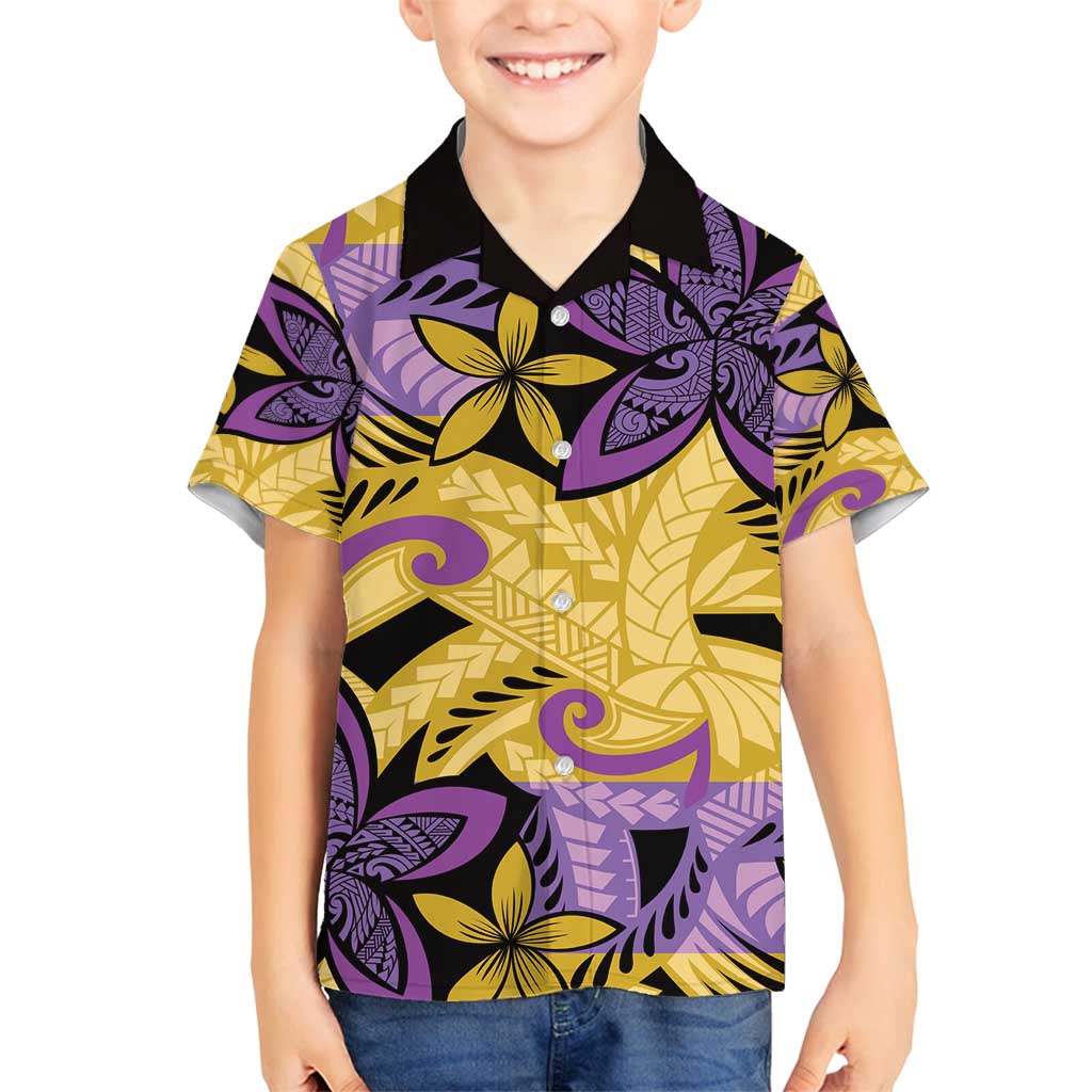 Plumeria Polynesian Pattern Family Matching Off Shoulder Maxi Dress and Hawaiian Shirt Unique Fantasy Yellow Purple LT01 Son's Shirt Yellow - Polynesian Pride