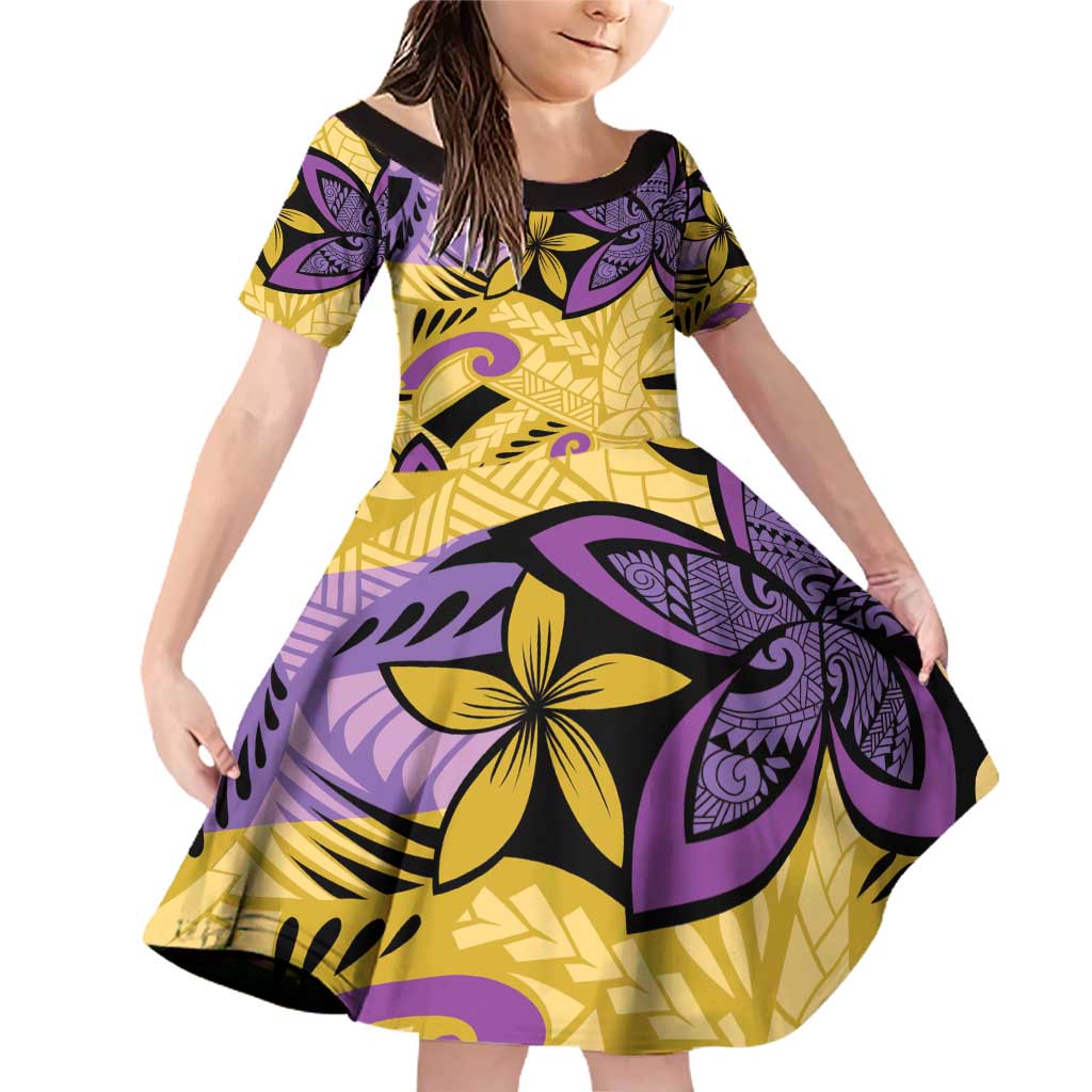 Plumeria Polynesian Pattern Family Matching Off Shoulder Short Dress and Hawaiian Shirt Unique Fantasy Yellow Purple LT01 Daughter's Dress Yellow - Polynesian Pride