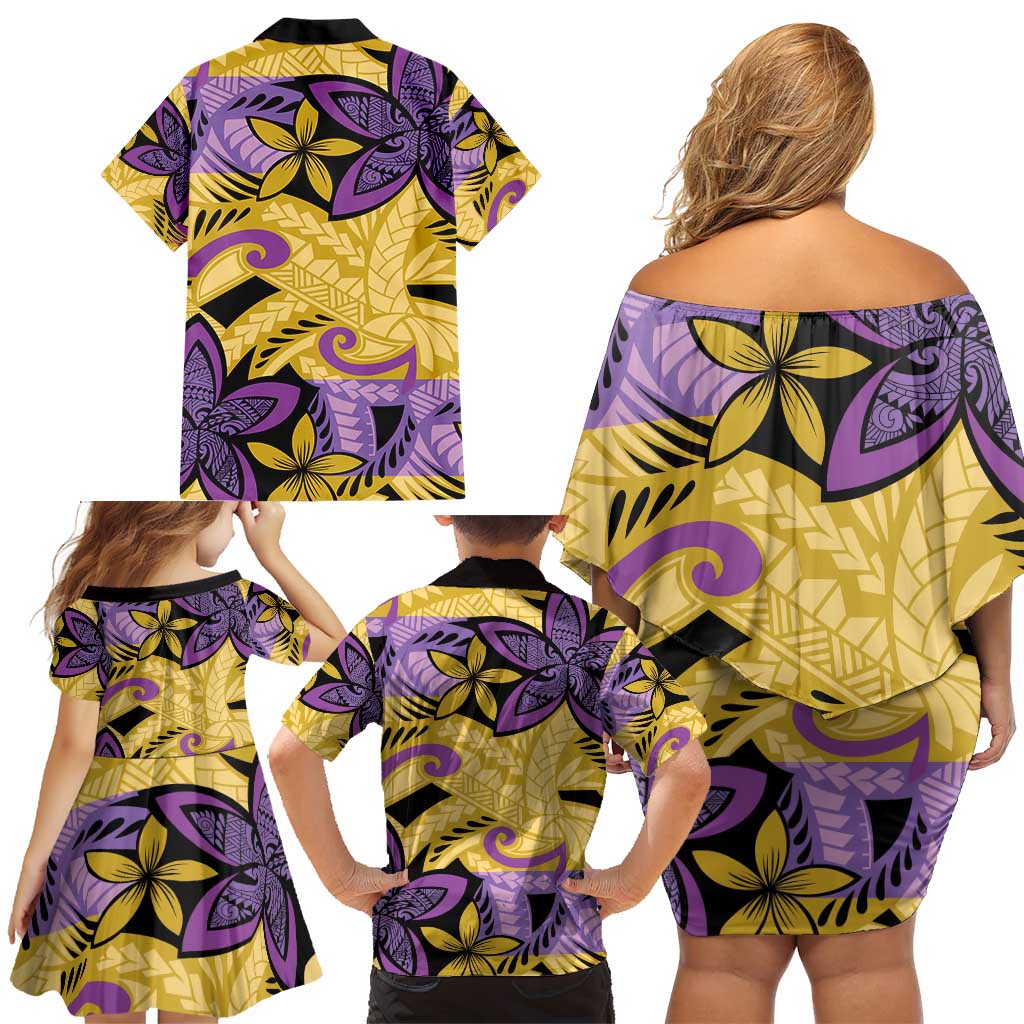 Plumeria Polynesian Pattern Family Matching Off Shoulder Short Dress and Hawaiian Shirt Unique Fantasy Yellow Purple LT01 - Polynesian Pride