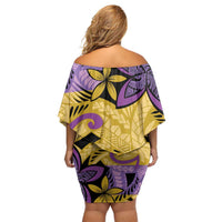 Plumeria Polynesian Pattern Family Matching Off Shoulder Short Dress and Hawaiian Shirt Unique Fantasy Yellow Purple LT01 - Polynesian Pride
