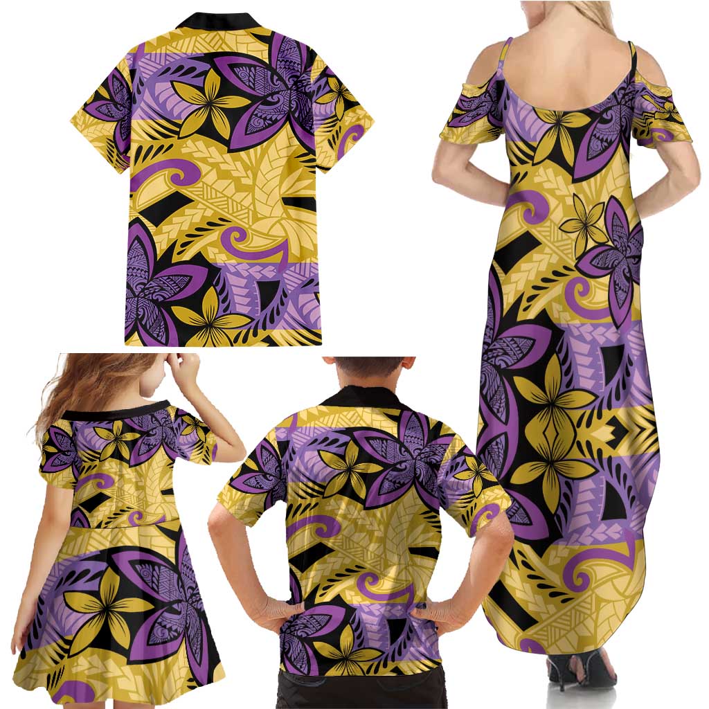 Plumeria Polynesian Pattern Family Matching Summer Maxi Dress and Hawaiian Shirt Unique Fantasy Yellow Purple LT01 - Polynesian Pride