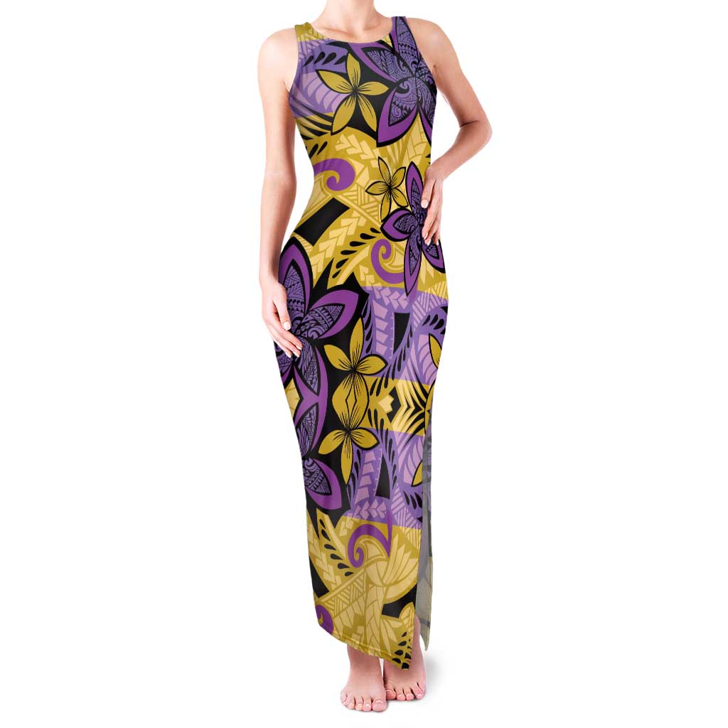 Plumeria Polynesian Pattern Family Matching Tank Maxi Dress and Hawaiian Shirt Unique Fantasy Yellow Purple LT01 Mom's Dress Yellow - Polynesian Pride