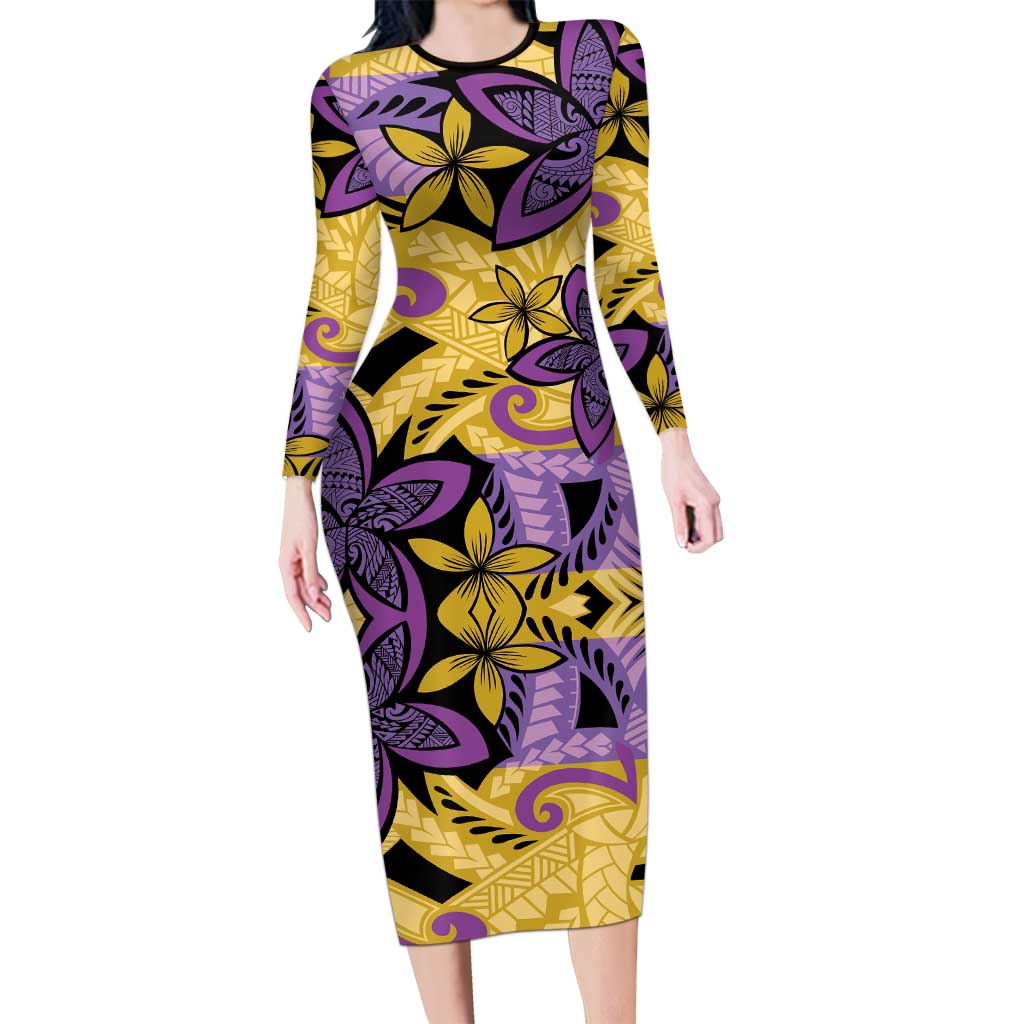 Plumeria Polynesian Pattern Long Sleeve Bodycon Dress Unique Fantasy Yellow Purple