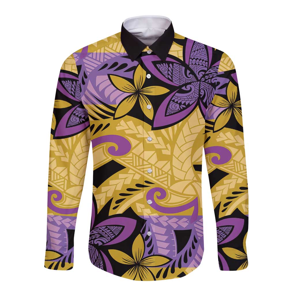 Plumeria Polynesian Pattern Long Sleeve Button Shirt Unique Fantasy Yellow Purple