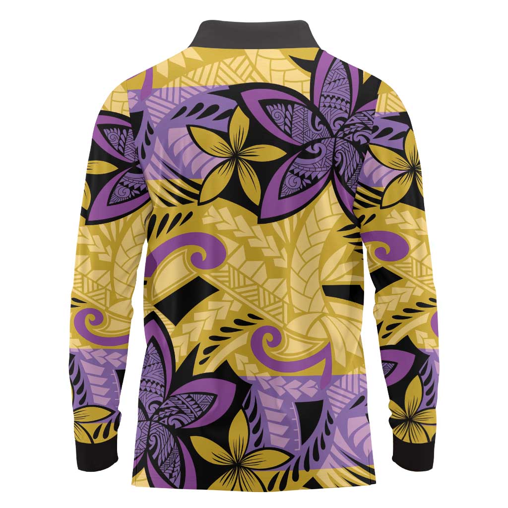 Plumeria Polynesian Pattern Long Sleeve Polo Shirt Unique Fantasy Yellow Purple