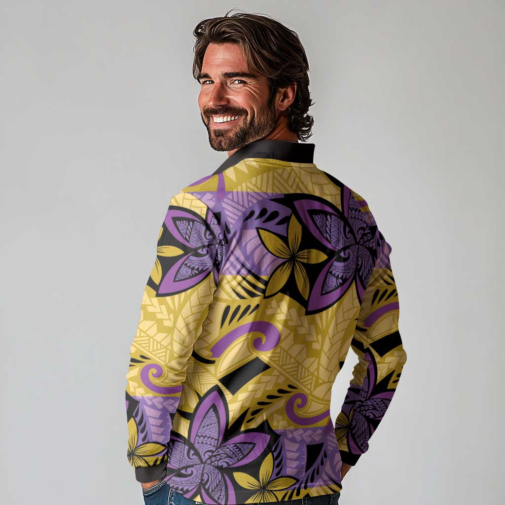 Plumeria Polynesian Pattern Long Sleeve Polo Shirt Unique Fantasy Yellow Purple