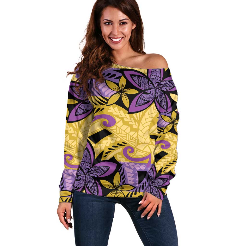 Plumeria Polynesian Pattern Off Shoulder Sweater Unique Fantasy Yellow Purple LT01 Women Yellow - Polynesian Pride