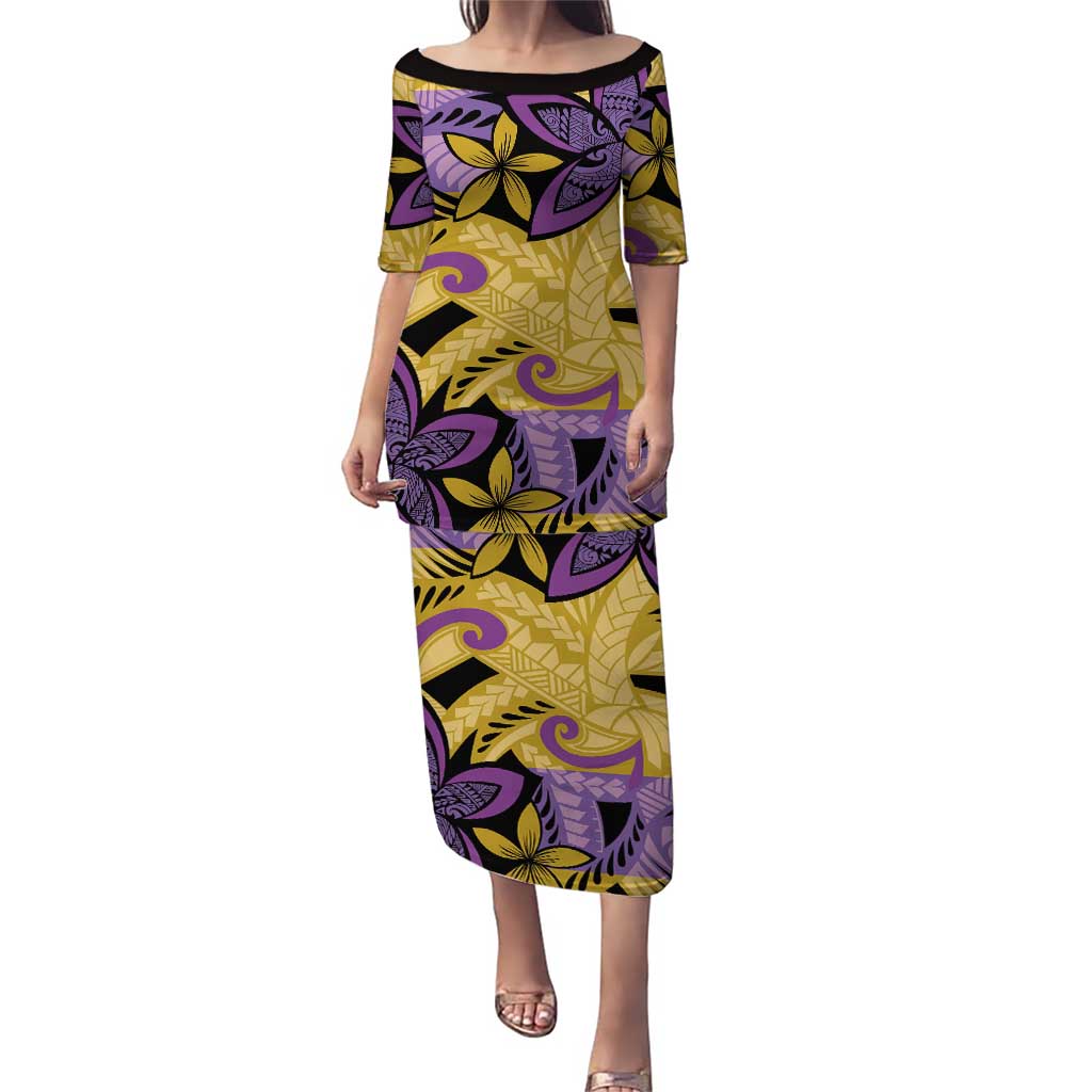 Plumeria Polynesian Pattern Puletasi Unique Fantasy Yellow Purple